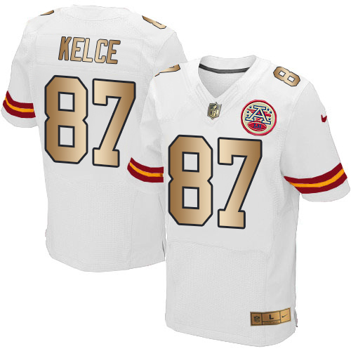 Nike Chiefs #87 Travis Kelce White Men's Stitched NFL Elite Gold Jersey - Click Image to Close